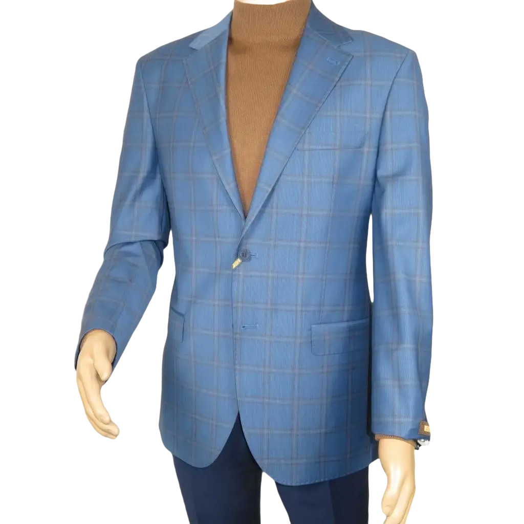 Men's Mono Turkey Sport Coat 100% Super 180s Wool 1480-01 Blue Plaid