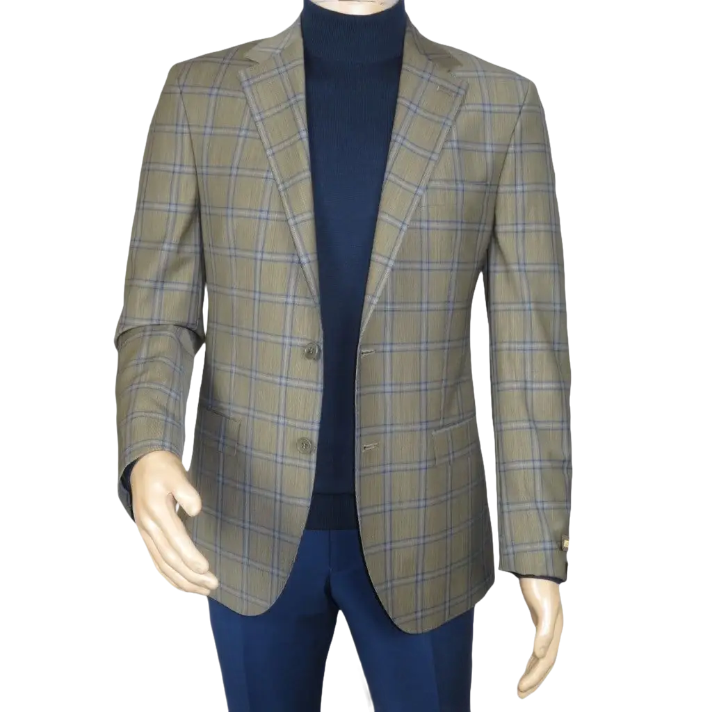 Men's Mono Turkey Sport Coat 100% Super 180s Wool 1480-02 Tan Blue Plaid