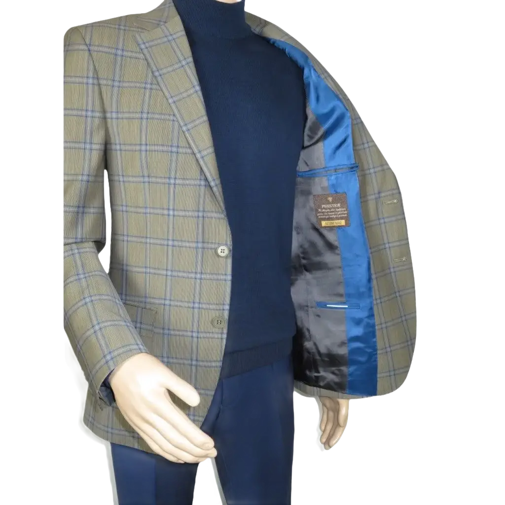 Men's Mono Turkey Sport Coat 100% Super 180s Wool 1480-02 Tan Blue Plaid
