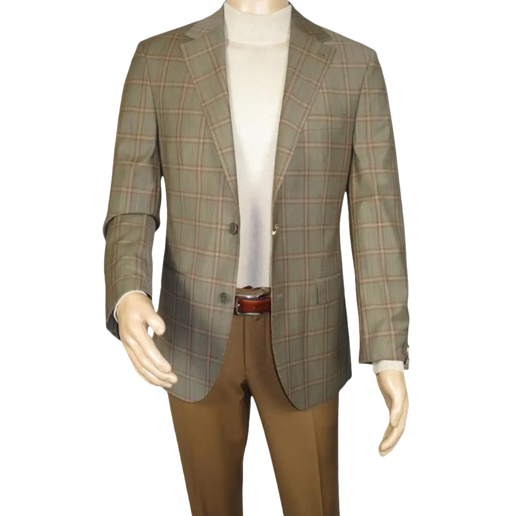 Men's Mono Turkey Sport Coat 100% Super 180s Wool 1480-04 Tan Brown Plaid