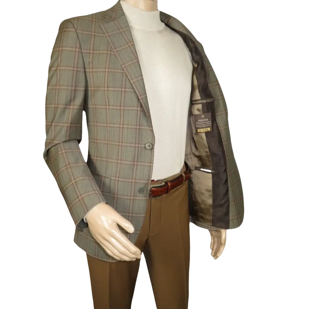 Men's Mono Turkey Sport Coat 100% Super 180s Wool 1480-04 Tan Brown Plaid