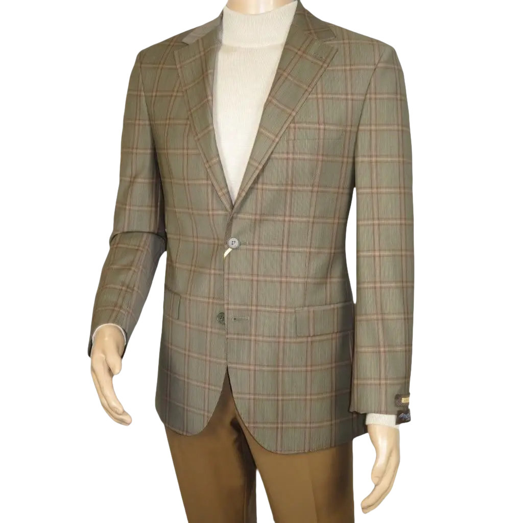 Men's Mono Turkey Sport Coat 100% Super 180s Wool 1480-04 Tan Brown Plaid