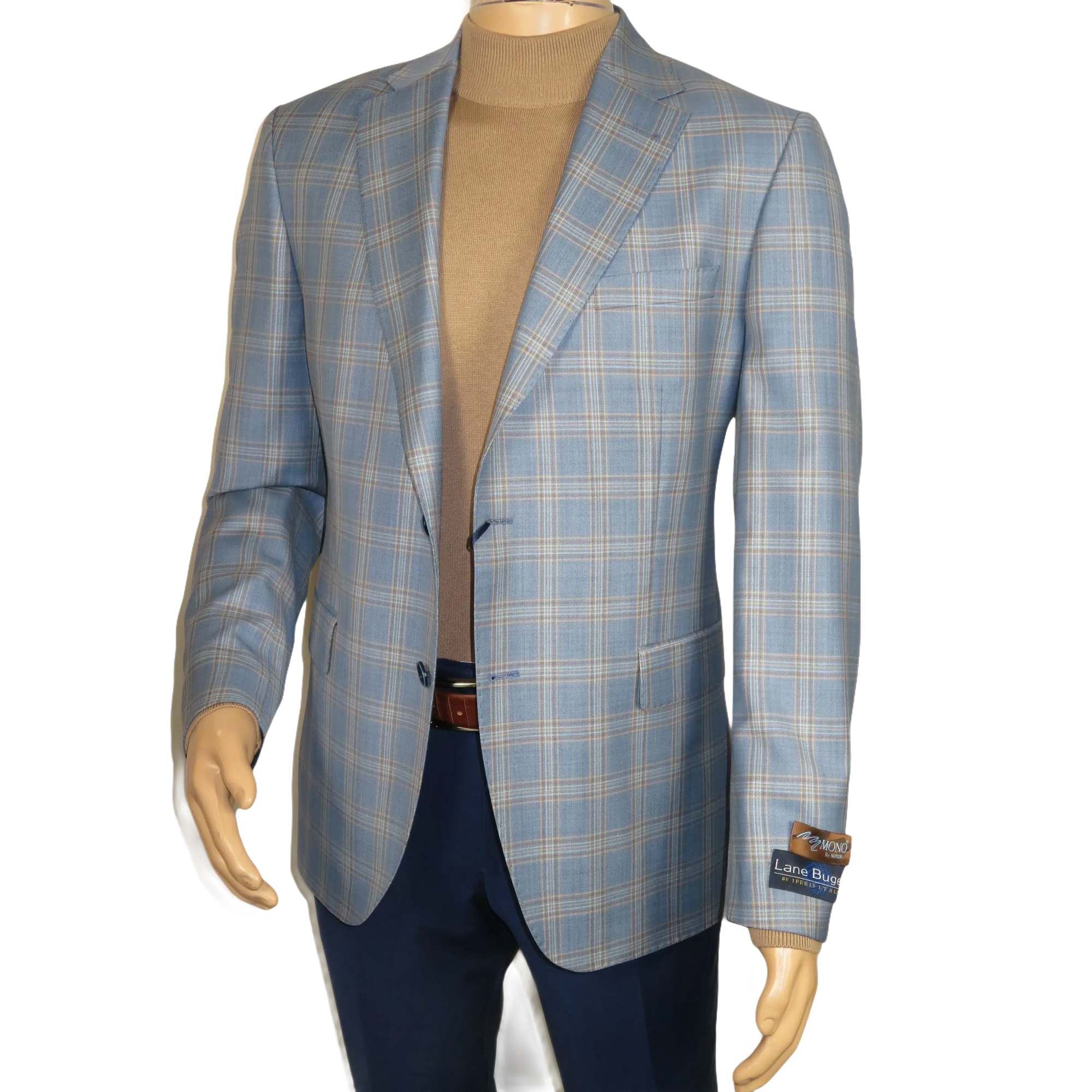 Men's Mono Turkey Sport Coat 100% Super 180s Wool 1522-02 Blue Brown Plaid