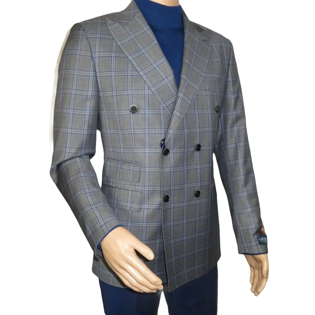 Men's Mono Double Breasted Blazer Super 180s Wool 1523-01 Gray Blue Plaid