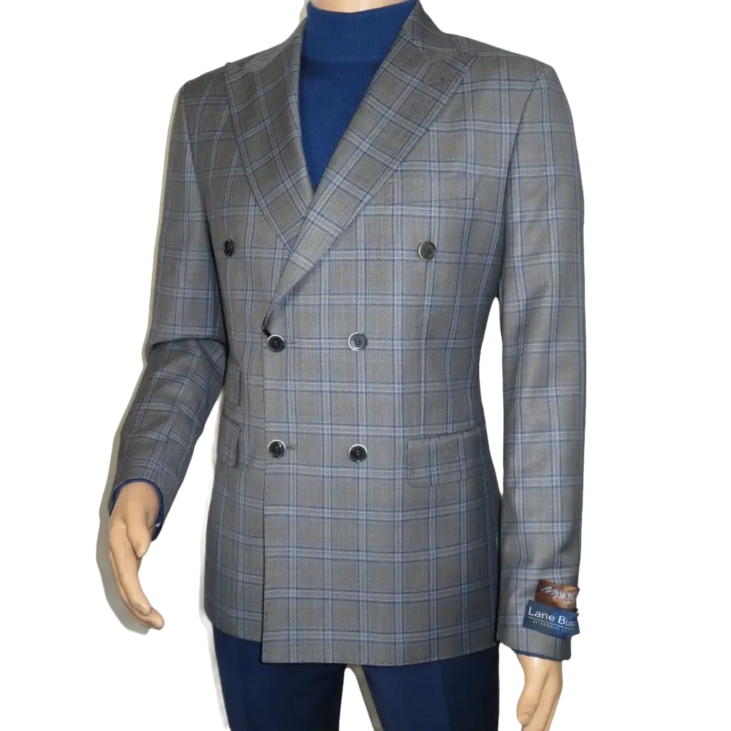 Men's Mono Double Breasted Blazer Super 180s Wool 1523-01 Gray Blue Plaid