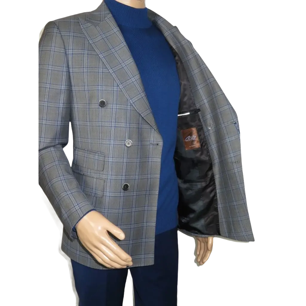 Men's Mono Double Breasted Blazer Super 180s Wool 1523-01 Gray Blue Plaid