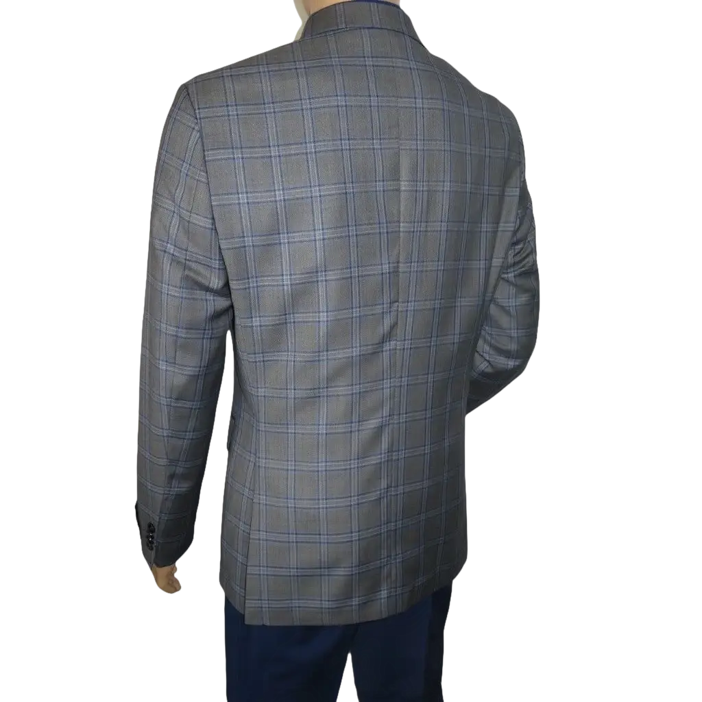 Men's Mono Double Breasted Blazer Super 180s Wool 1523-01 Gray Blue Plaid