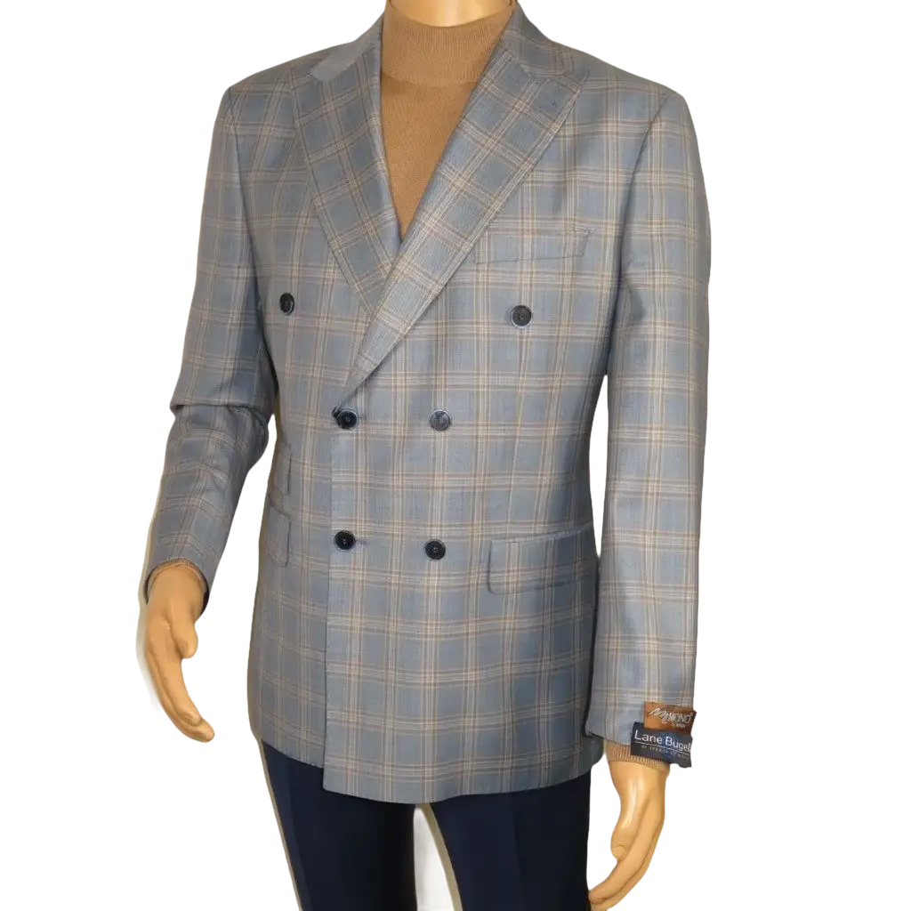 Men's Mono Double Breasted Blazer Super 180s Wool 1523-02 Blue Brown Plaid