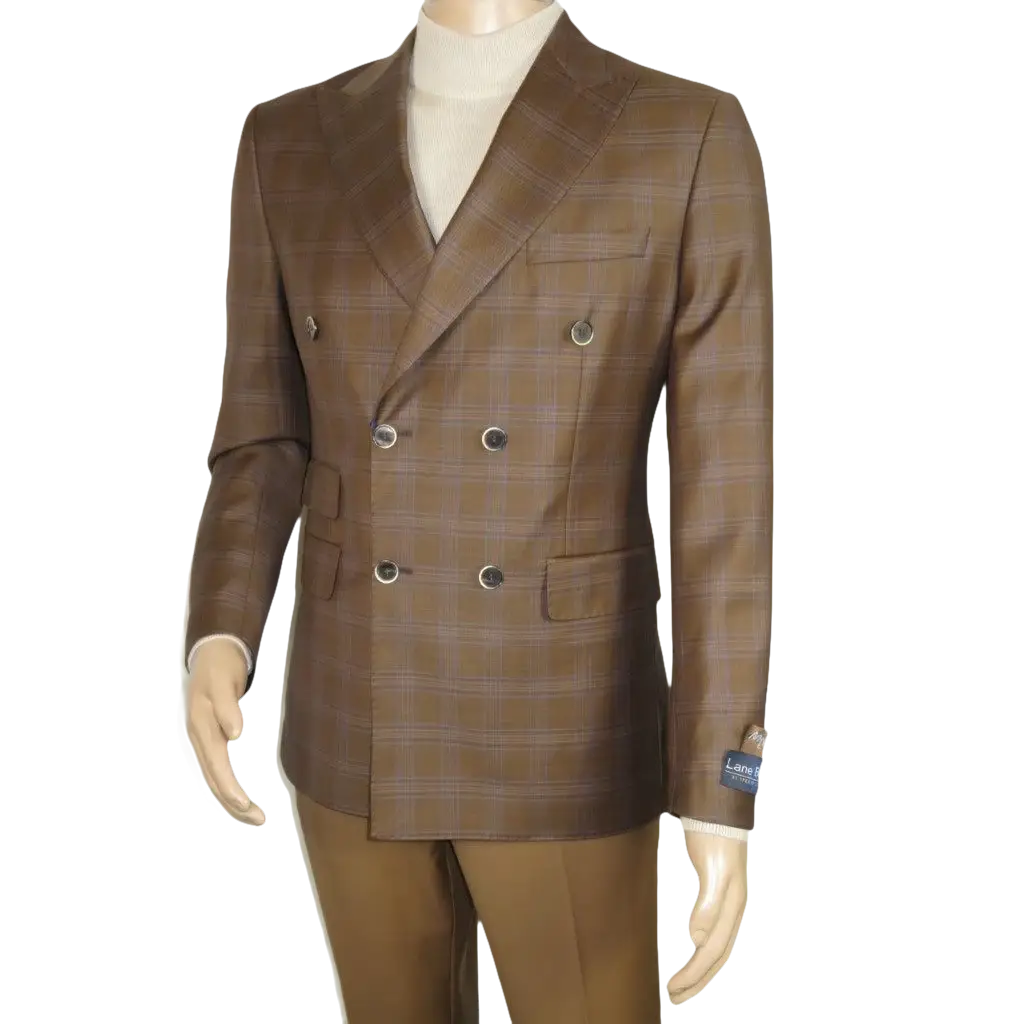 Men's Mono Double Breasted Blazer Super 180s Wool 1523-03 Brown Blue Plaid