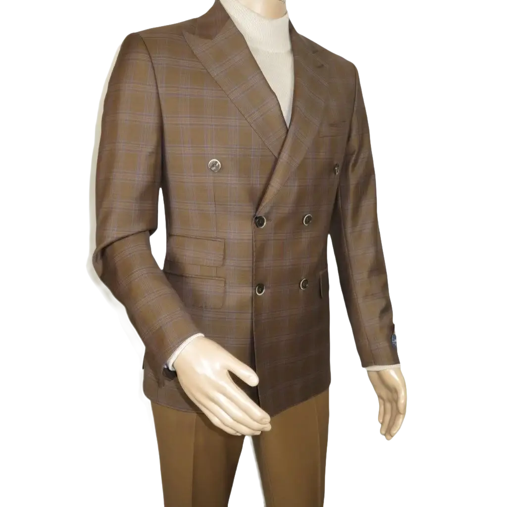 Men's Mono Double Breasted Blazer Super 180s Wool 1523-03 Brown Blue Plaid