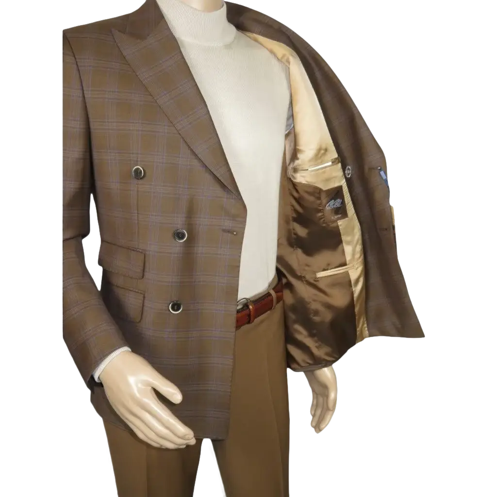 Men's Mono Double Breasted Blazer Super 180s Wool 1523-03 Brown Blue Plaid