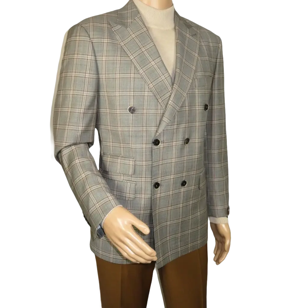 Men's Mono Double Breasted Blazer Super 180s Wool 1523-04 Gray Brown Plaid