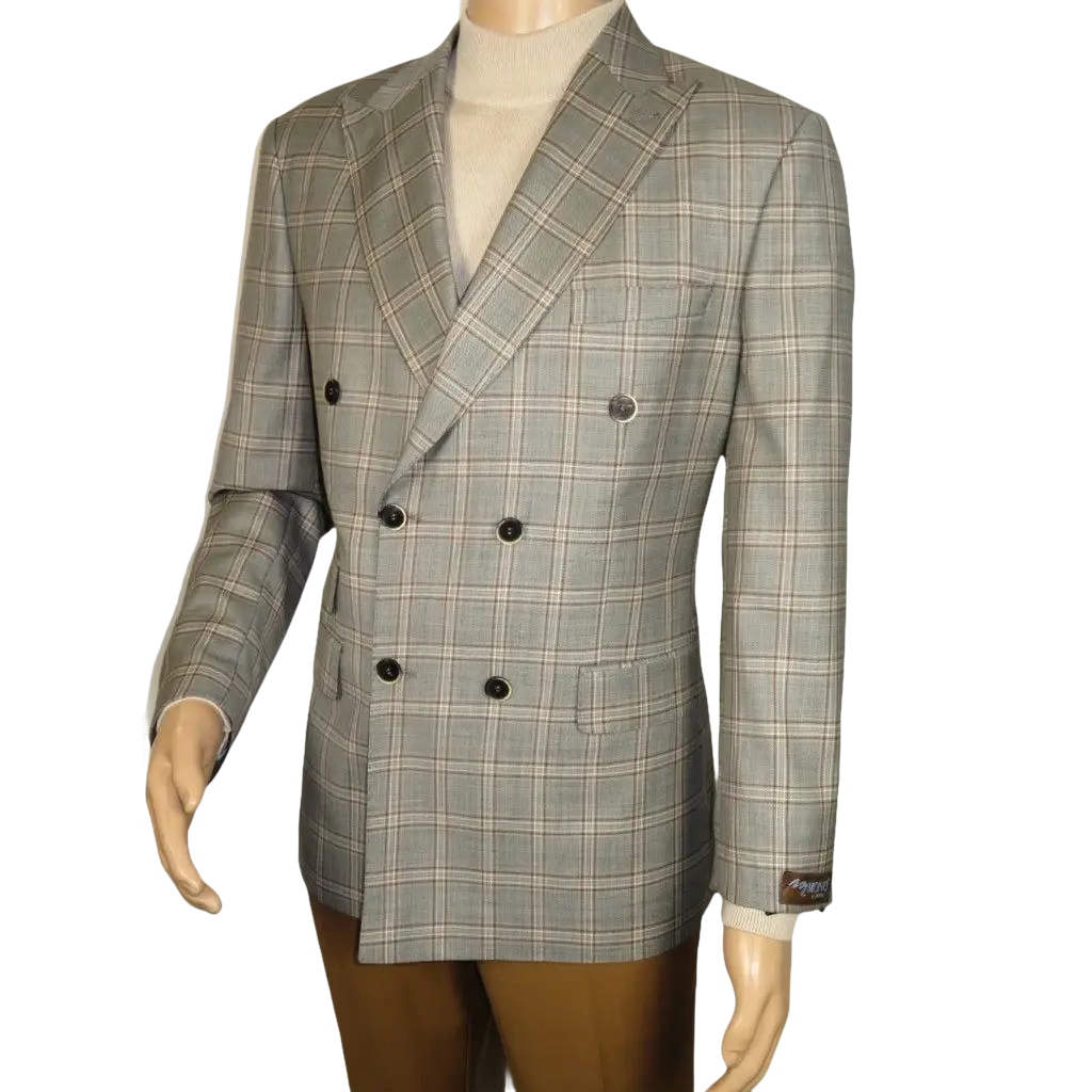 Men's Mono Double Breasted Blazer Super 180s Wool 1523-04 Gray Brown Plaid