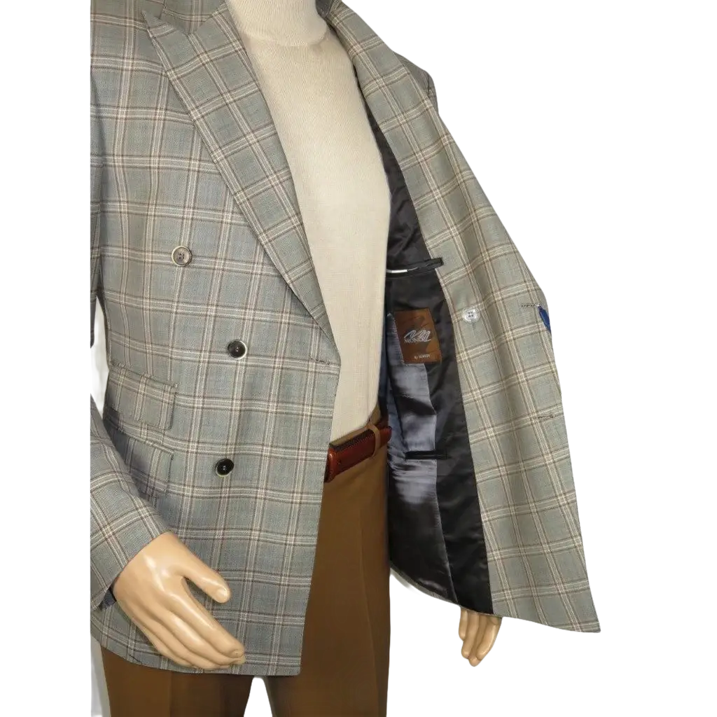 Men's Mono Double Breasted Blazer Super 180s Wool 1523-04 Gray Brown Plaid