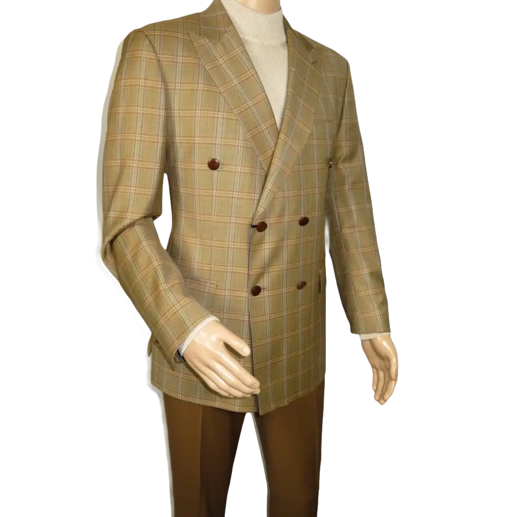 Men's Mono Double Breasted Blazer Super 180s Wool 1523-05 Camel Brown Plaid