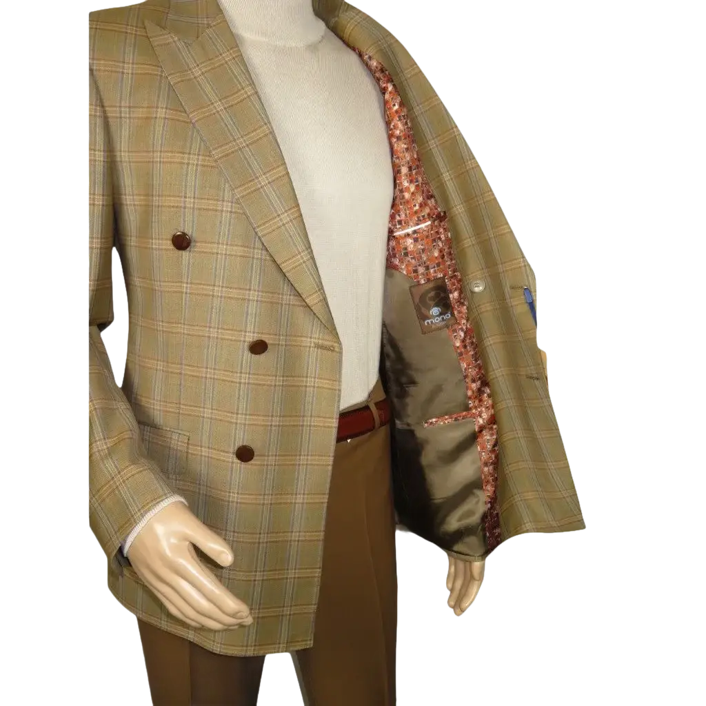 Men's Mono Double Breasted Blazer Super 180s Wool 1523-05 Camel Brown Plaid