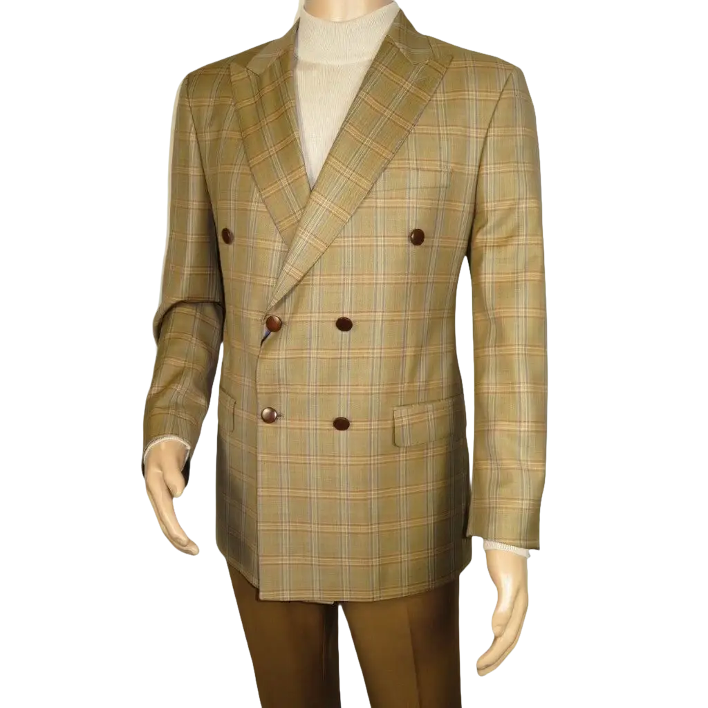 Men's Mono Double Breasted Blazer Super 180s Wool 1523-05 Camel Brown Plaid