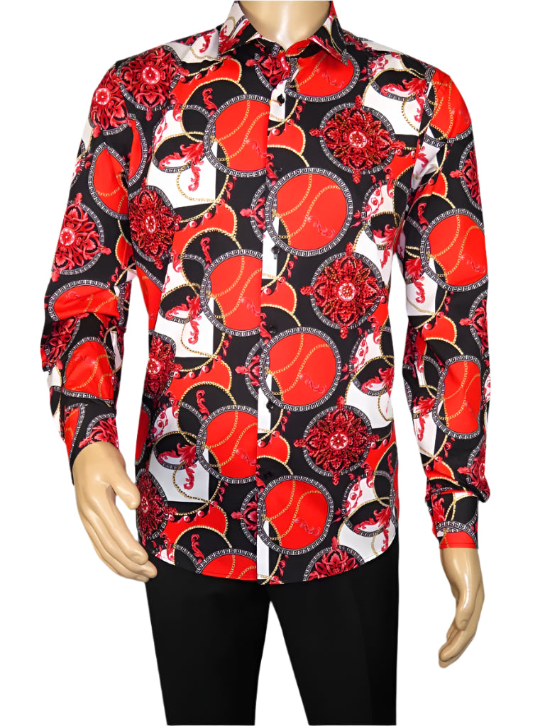 Men's AVM Crystal Shirt Medallion Cotton Turkey Slim Fit 15651-01 Red/Black
