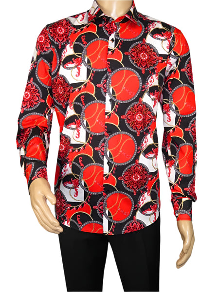 Men's AVM Crystal Shirt Medallion Cotton Turkey Slim Fit 15651-01 Red/Black