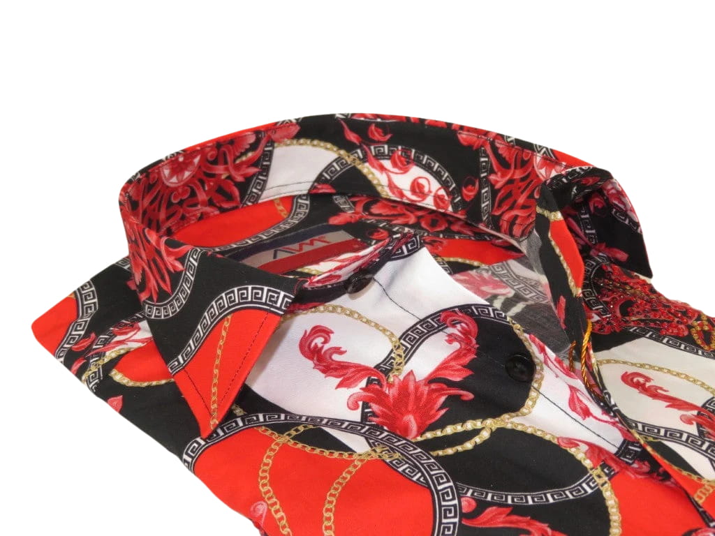 Men's AVM Crystal Shirt Medallion Cotton Turkey Slim Fit 15651-01 Red/Black