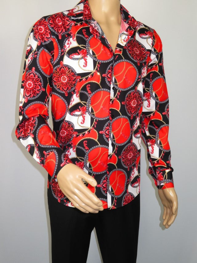 Men's AVM Crystal Shirt Medallion Cotton Turkey Slim Fit 15651-01 Red/Black