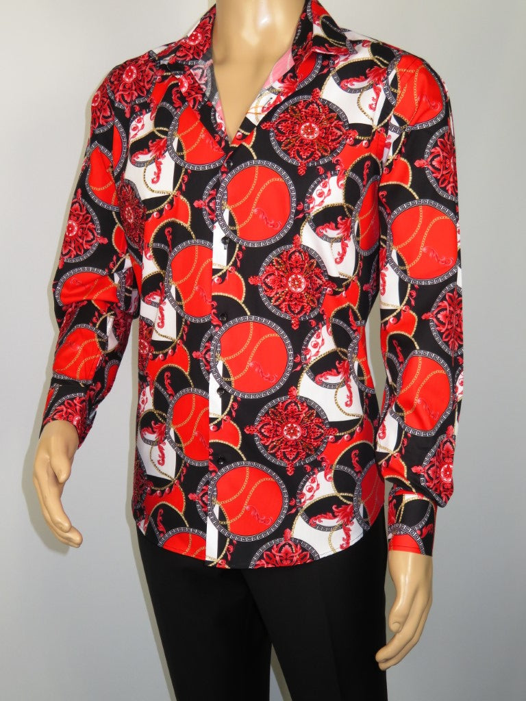 Men's AVM Crystal Shirt Medallion Cotton Turkey Slim Fit 15651-01 Red/Black