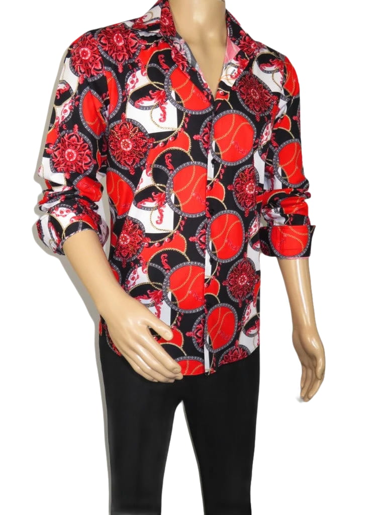 Men's AVM Crystal Shirt Medallion Cotton Turkey Slim Fit 15651-01 Red/Black