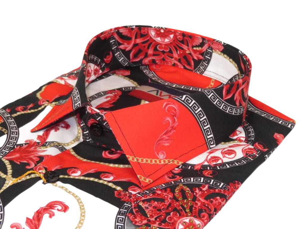Men's AVM Crystal Shirt Medallion Cotton Turkey Slim Fit 15651-01 Red/Black