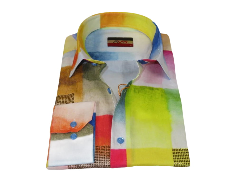 Men's AVM Rhine Stone Digital Print Shirt Cotton Turkey Slim Fit 19419-01 Multi