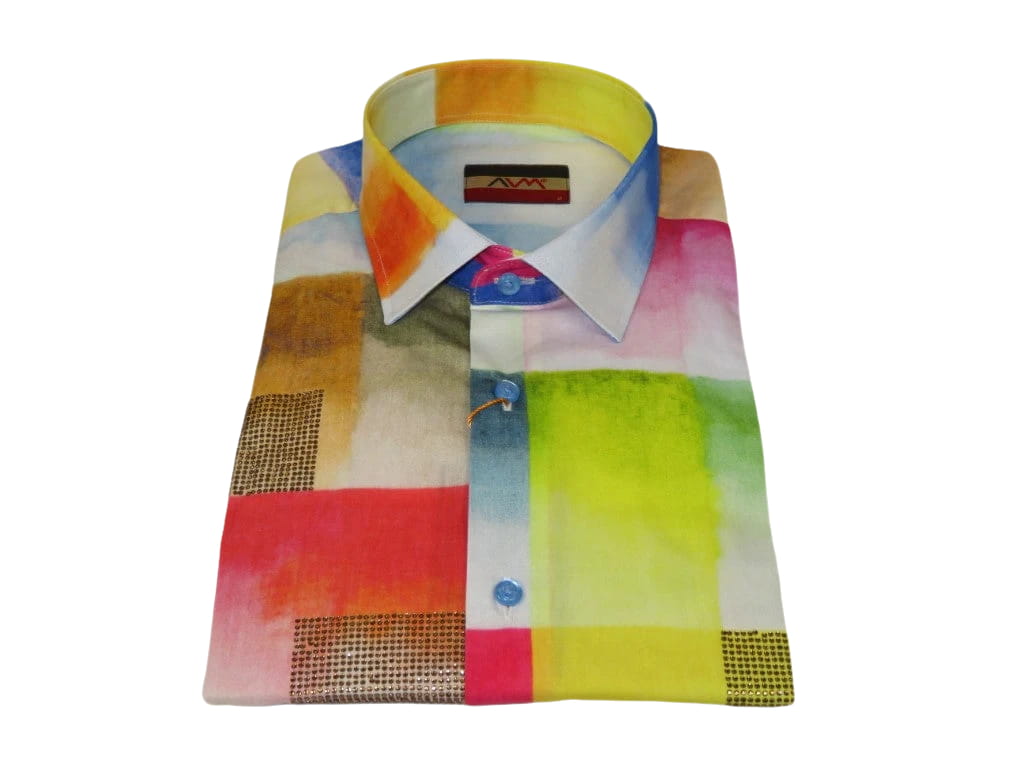 Men's AVM Rhine Stone Digital Print Shirt Cotton Turkey Slim Fit 19419-01 Multi