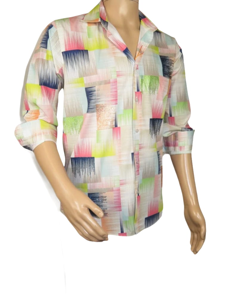 Men's AVM Rhine Stone Digital Print Shirt Cotton Turkey Slim Fit 19590-01 Multi