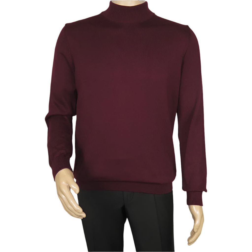 Men's Sweater Knit By BRANGO Turkey Mock Neck Cotton Blend 21050 Burgundy