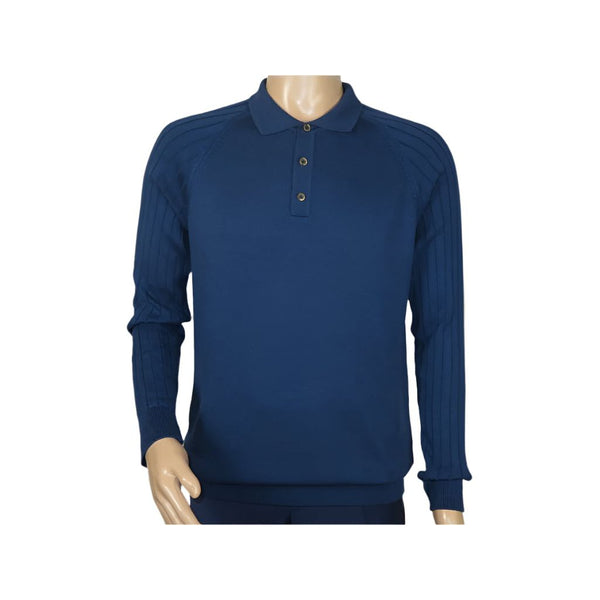 Men's Sweater Knit By BRANGO Turkey Polo Neck Cotton Blend 21220 Sax Blue