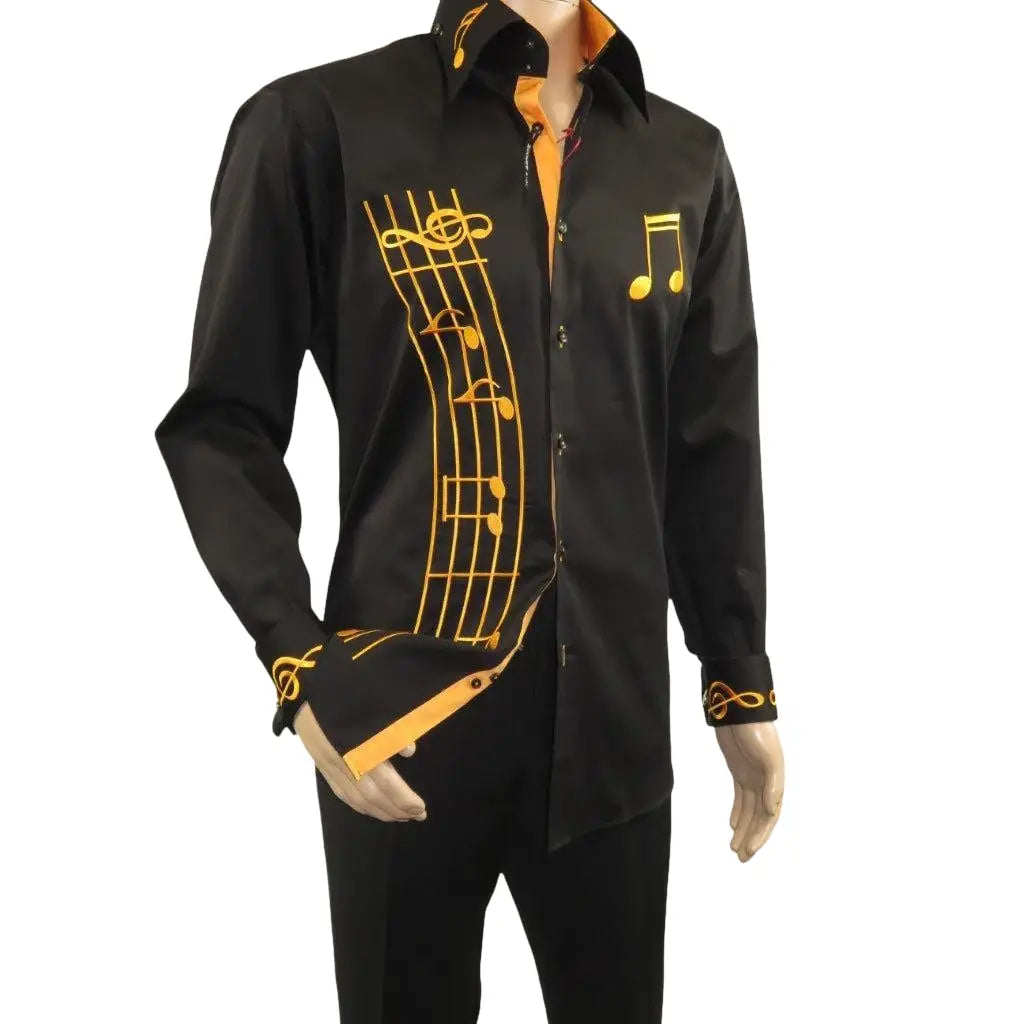 Men Axxess Turkey Shirt 100% Cotton Musical Note 224-56 French Cuffs Black Gold