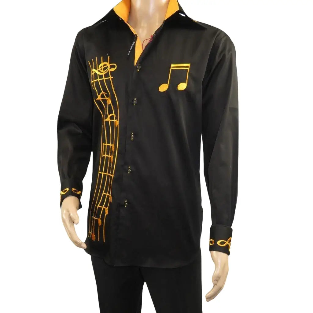 Men Axxess Turkey Shirt 100% Cotton Musical Note 224-56 French Cuffs Black Gold