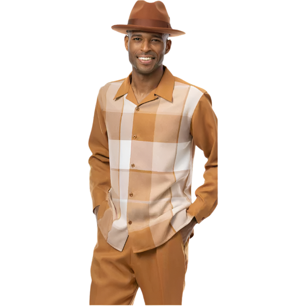Men's MONTIQUE Two Piece Set Walking Leisure Suit 2370 Copper Tan Plaid