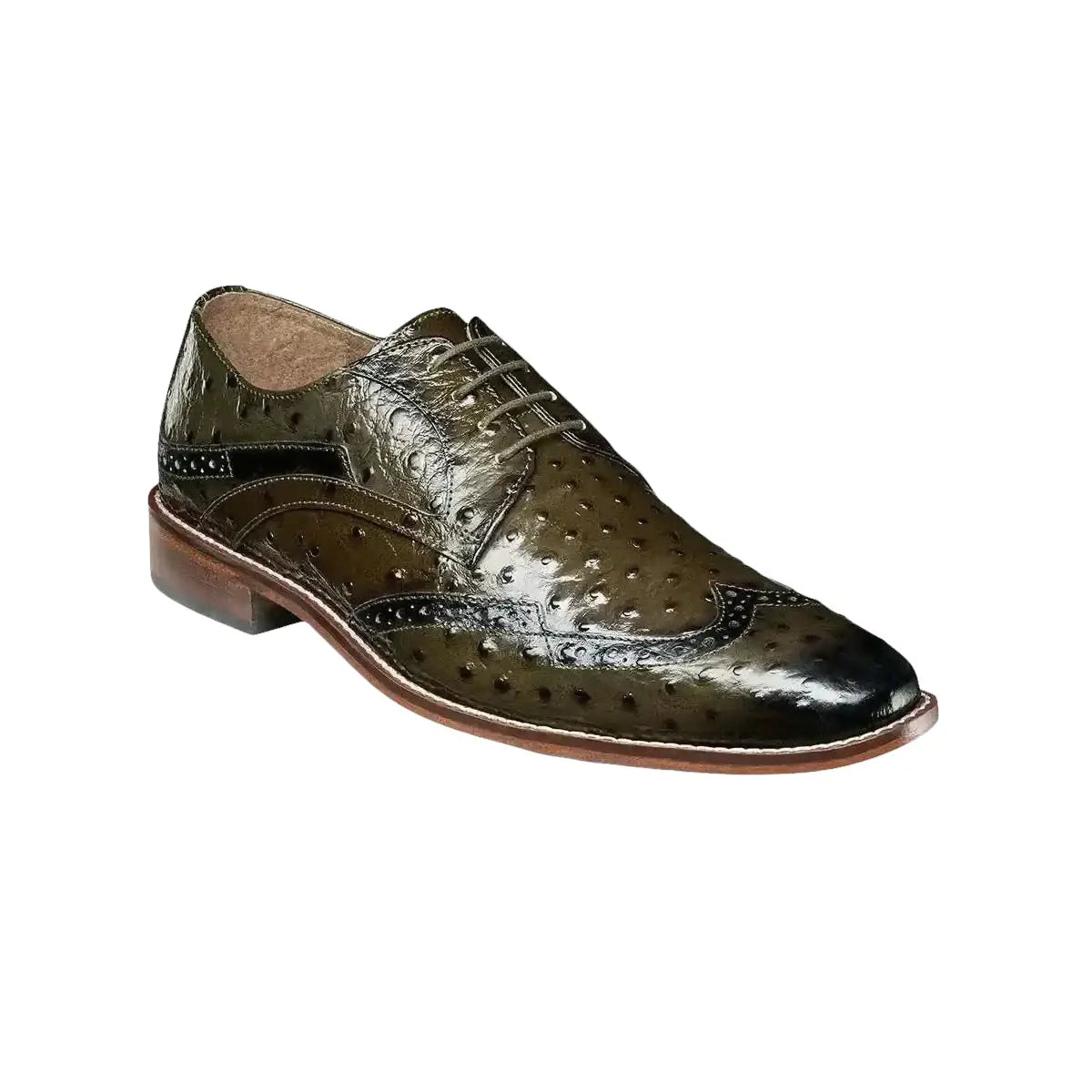 25537 Stacy Adams Leather Shoes Gennaro Wintip Ostrich Print Olive Green - J.Valintin Men's Wear Legend - 97876