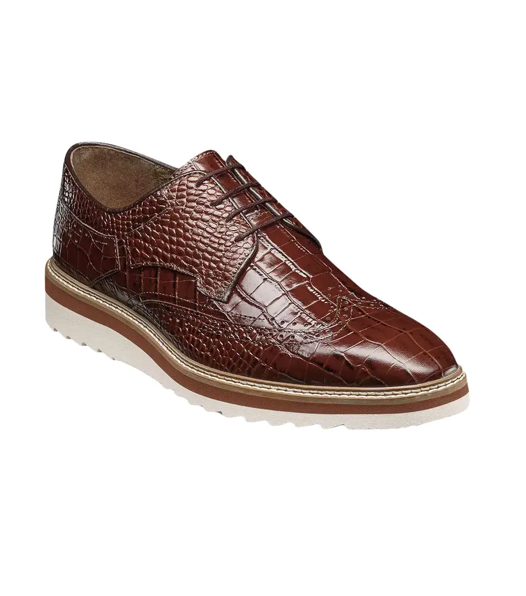 25725-221 Stacy Adams Alario Wingtip Oxford Croco Leather Shoes Cognac