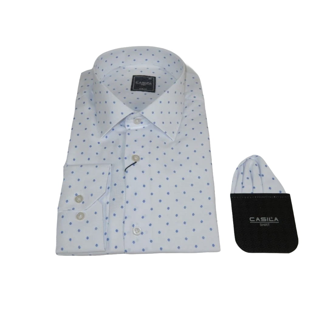 Men Shirt Hankie CASILA Turkey Cotton Blend 501850-01 White Blue Dots