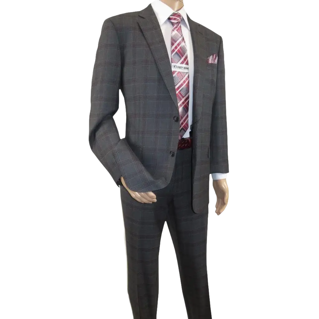 Men Renoir Suit Super 140 Wool Side Vent Classic Fit English Plaid 559-2 Gray