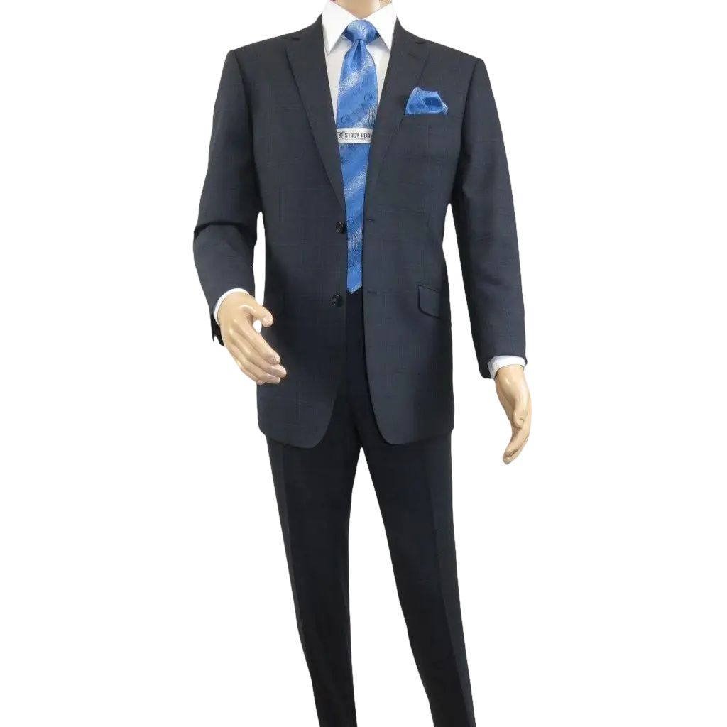 Men Renoir Suit Super 140 Wool Side Vent Slim Fit English Plaid 559-3 Navy Blue