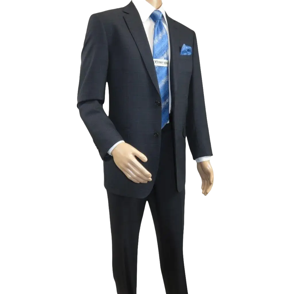 Men Renoir Suit Super 140 Wool Side Vent Slim Fit English Plaid 559-3 Navy Blue