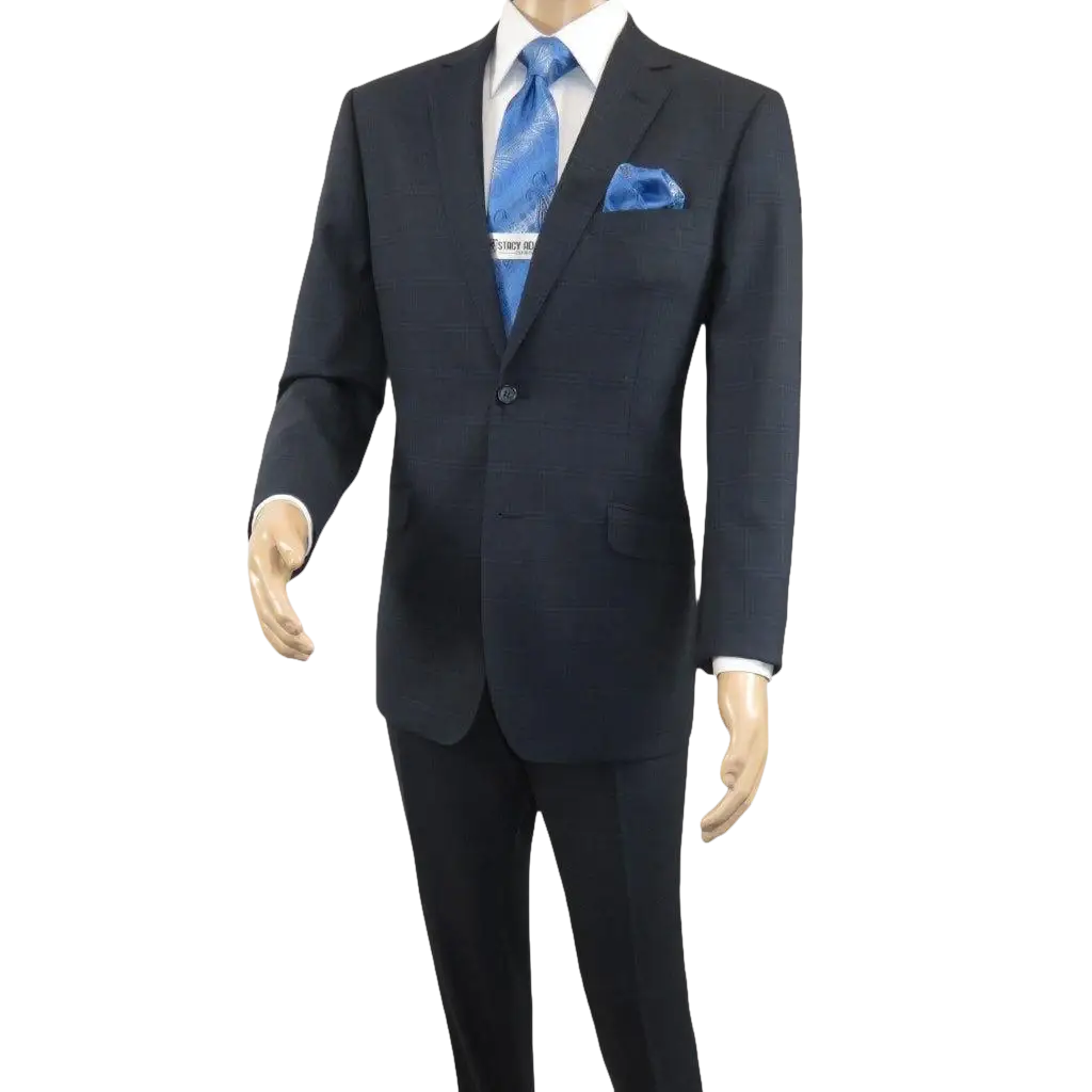 Men Renoir Suit Super 140 Wool Side Vent Slim Fit English Plaid 559-3 Navy Blue
