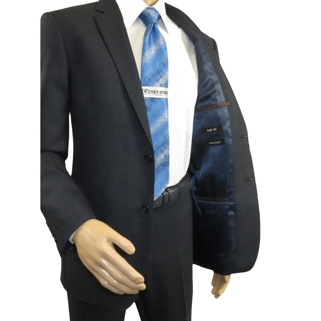 Men Renoir Suit Super 140 Wool Side Vent Slim Fit English Plaid 559-3 Navy Blue