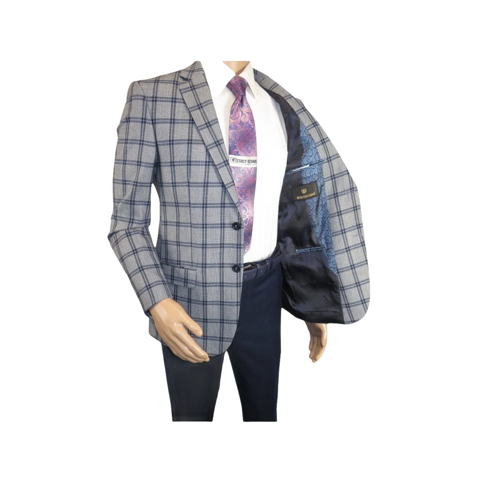 Men Sport Coat by Berlusconi Turkey Soft European Plaid #MK80 05 gray blue