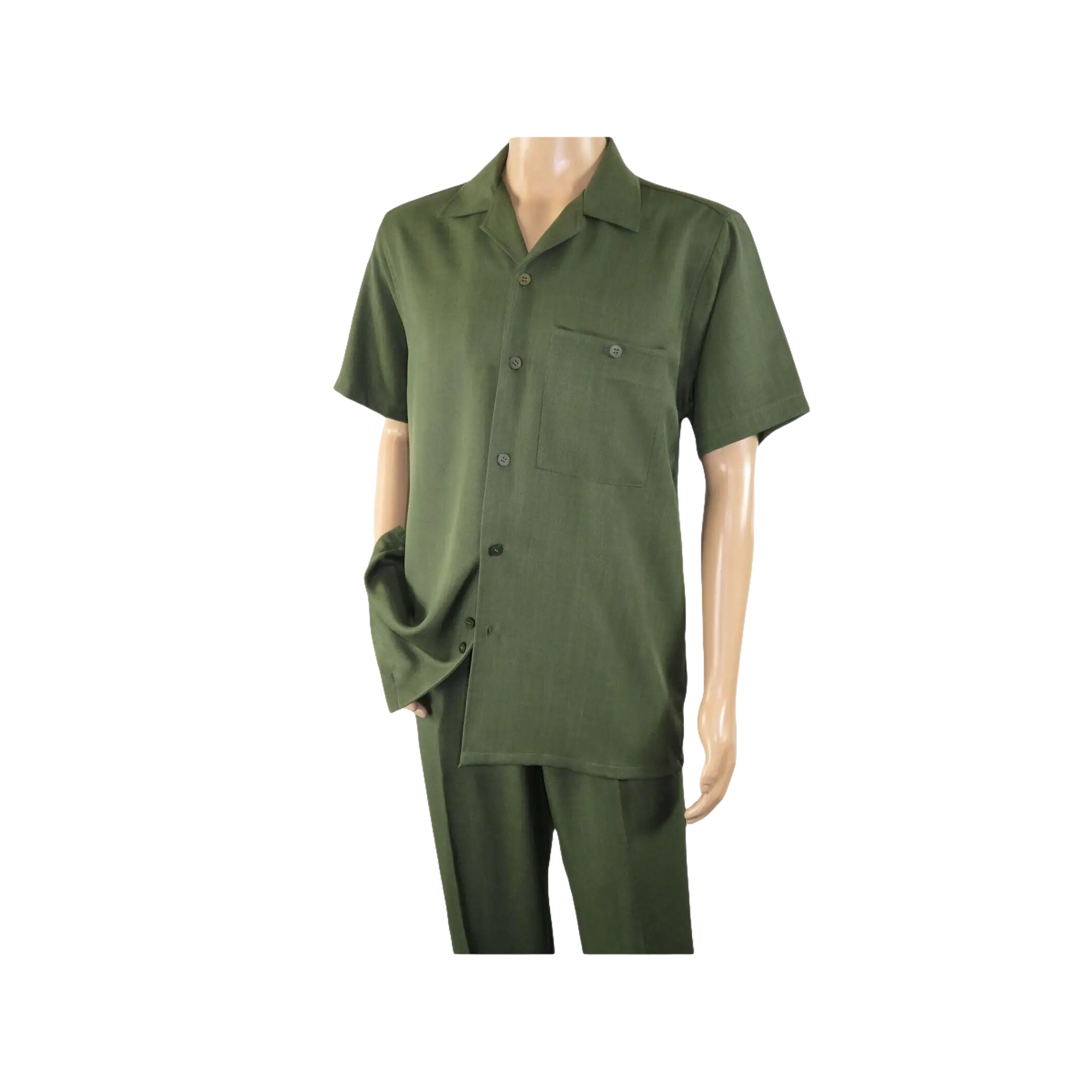 Men 2pc Walking Leisure Suit Short Sleeves By DREAMS 256-04 Solid Olive Green