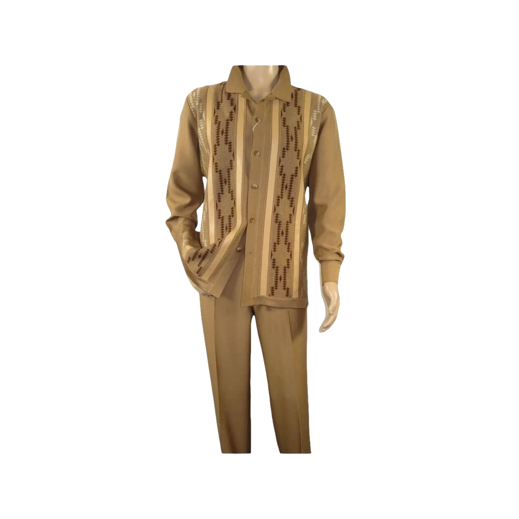 Men Silversilk 2pc Fancy walking leisure suit Italian woven knits 4407 Cafe Tan