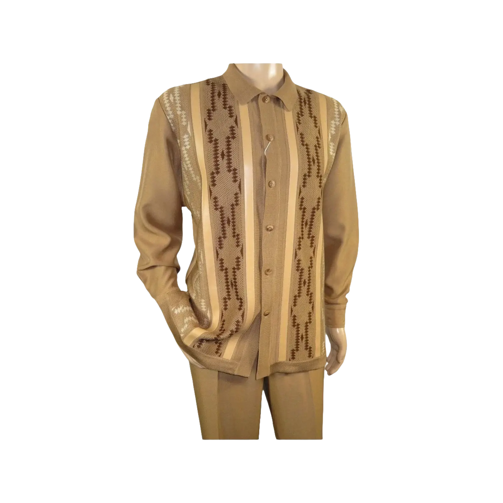 Men Silversilk 2pc Fancy walking leisure suit Italian woven knits 4407 Cafe Tan
