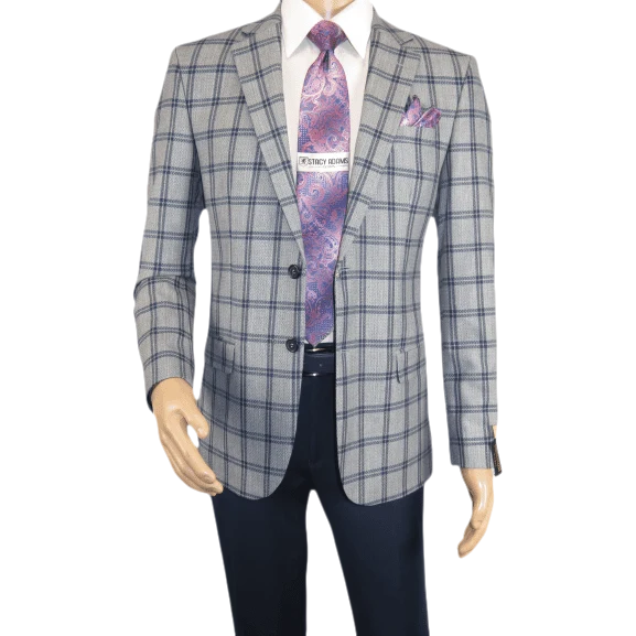 Men Sport Coat by Berlusconi Turkey Soft European Plaid #MK80 05 gray blue