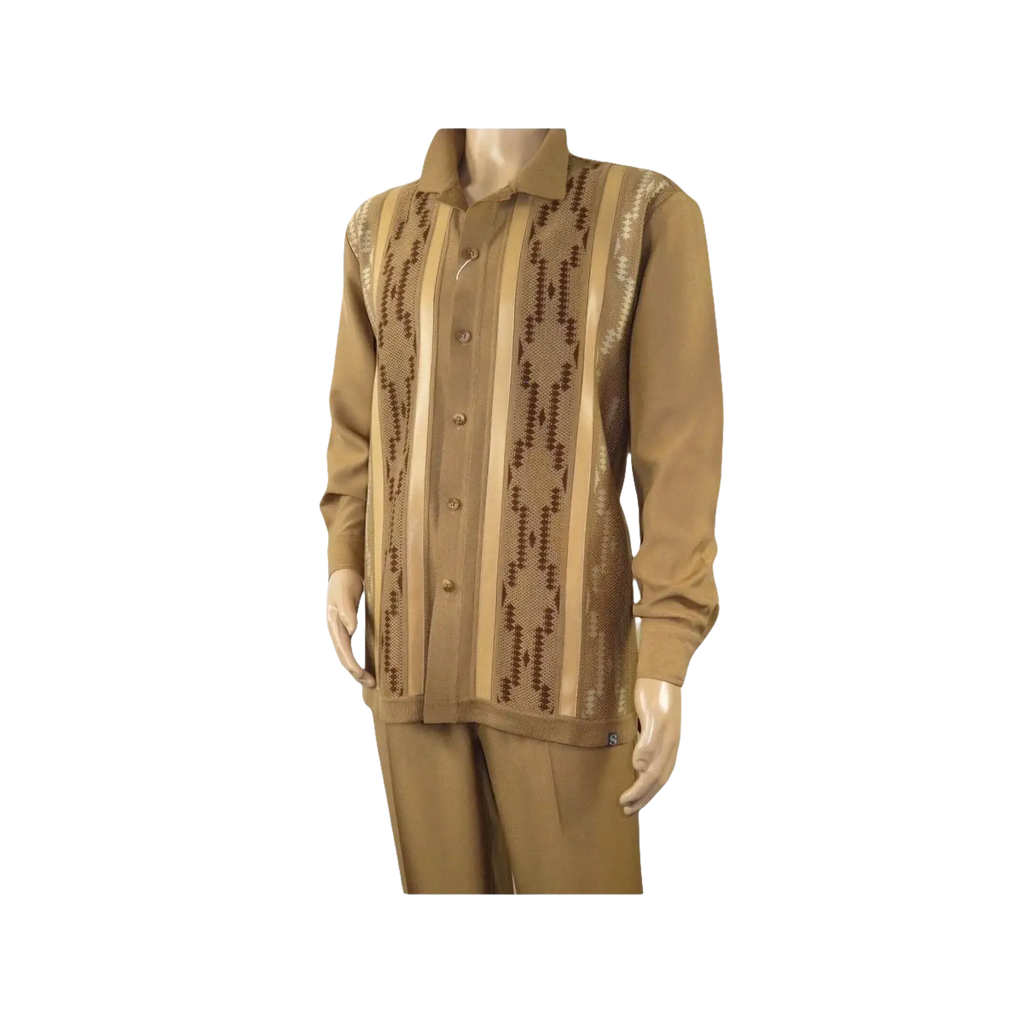 Men Silversilk 2pc Fancy walking leisure suit Italian woven knits 4407 Cafe Tan